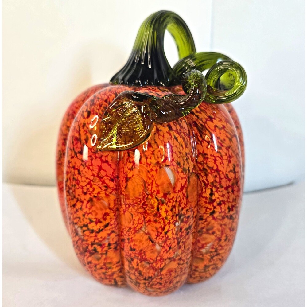 Orange Speckled Art Glass Pumpkin Figurine Green Stem Glossy 6 in Hand Blown